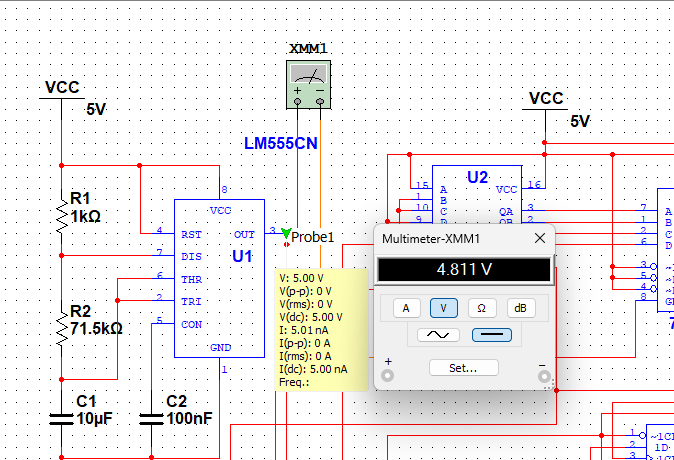 Multisim Digital Multimeter Probe – 555 HIGH State